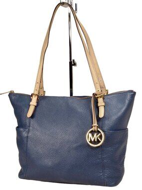 Michael Kors Jet Set Top-Zip Navy Blue/Tan Tote Bag